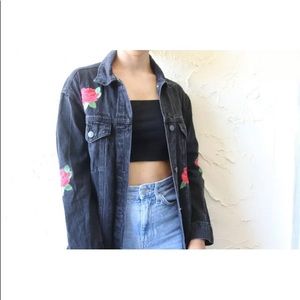 CELLO Made4You  Size SMALL Rose Embroidered Denim Black Jean Jacket  $74 NEW